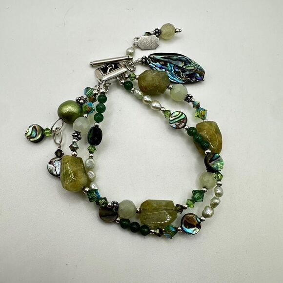 8" Tres Jolie double stranded, Pearl, Stone, abalone shell bracelet in 925! - Picture 13 of 13